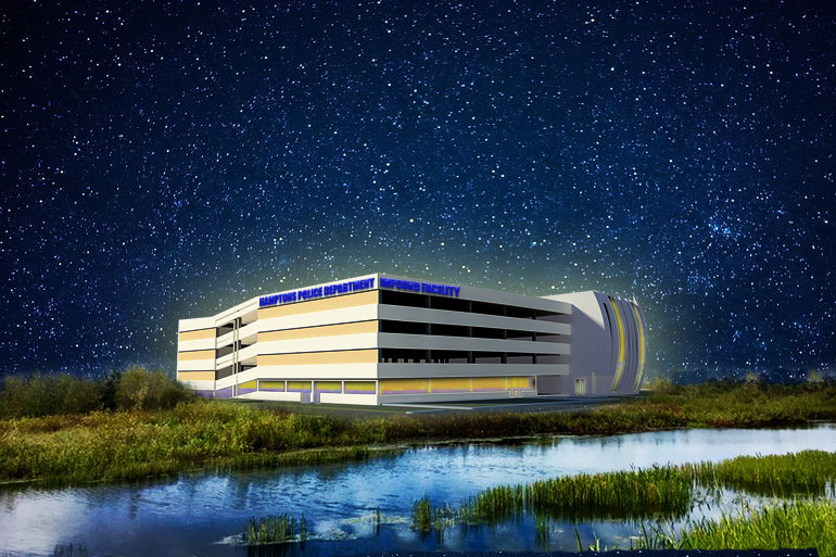 Nighttime architectural render of Hamptons Police impound garage on Napeague wetlands