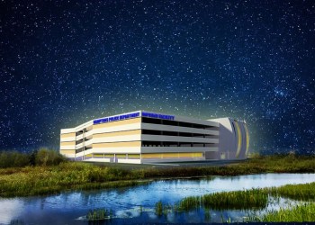 Nighttime architectural render of Hamptons Police impound garage on Napeague wetlands