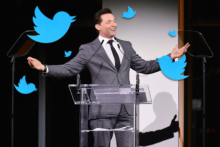 Hugh Jackman with Twitter birds