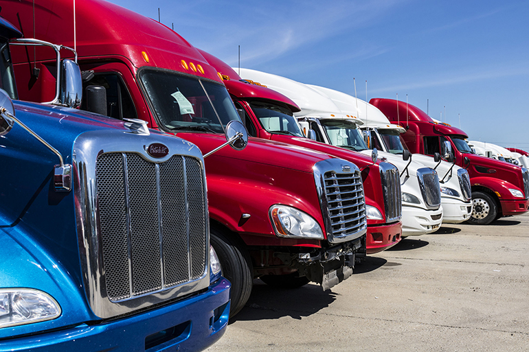 Indianapolis - Circa June 2017: Colorful Semi Tractor Trailer Trucks Lined up for Sale IX