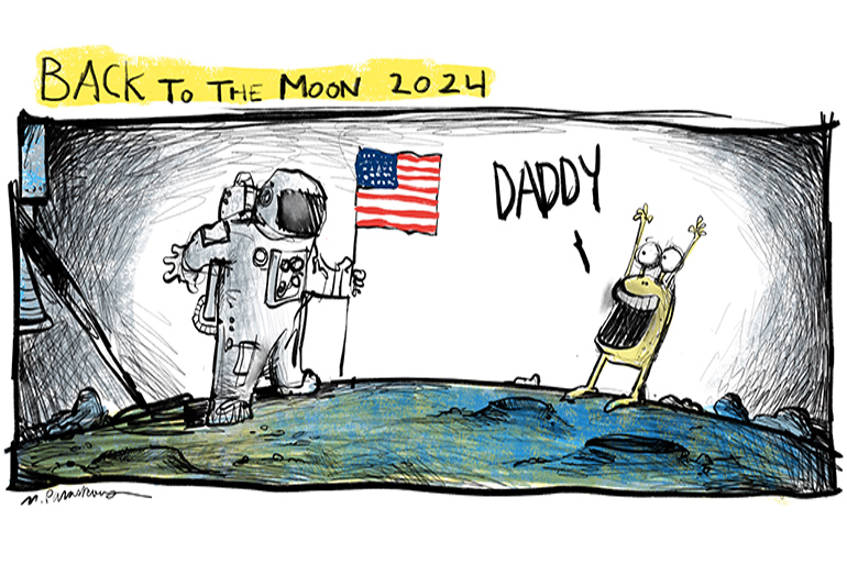 Back to the Moon cartoon by Mickey Paraskevas