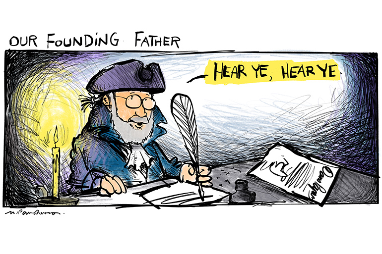 Founding Father Dan cartoon by Mickey Paraskevas