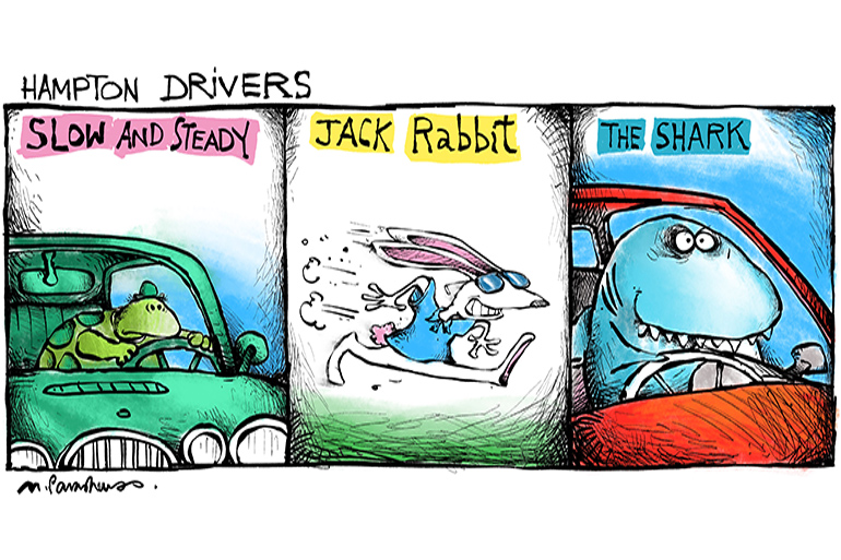 Hamptons drivers on July 4 cartoon by Mickey Paraskevas