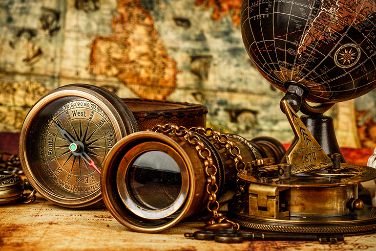 Vintage grunge still life. Vintage items on ancient map.