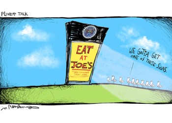 Plover talk and Shinnecock billboard cartoon by Mickey Paraskevas
