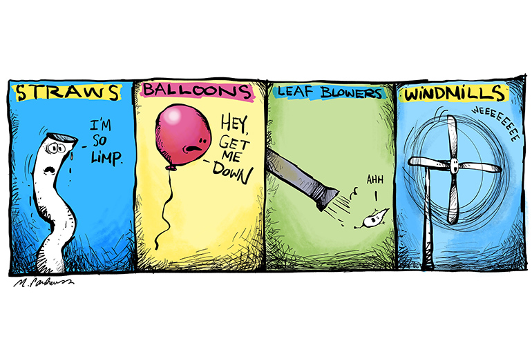 Straws and balloons cartoon by Mickey Paraskevas