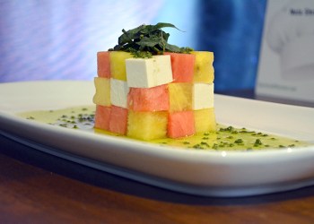 Trendy cubed food with watermelon, pineapple and cheese