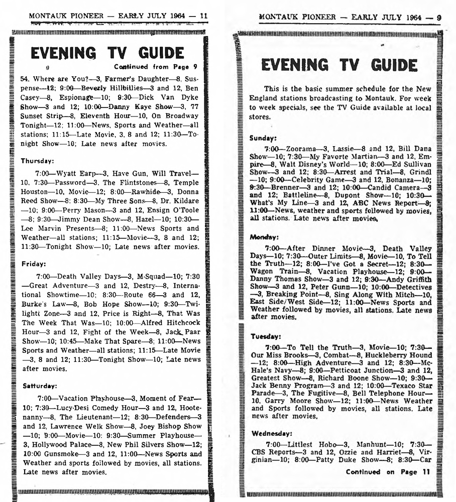 TV listings from the July 1964 Montauk Pioneer 