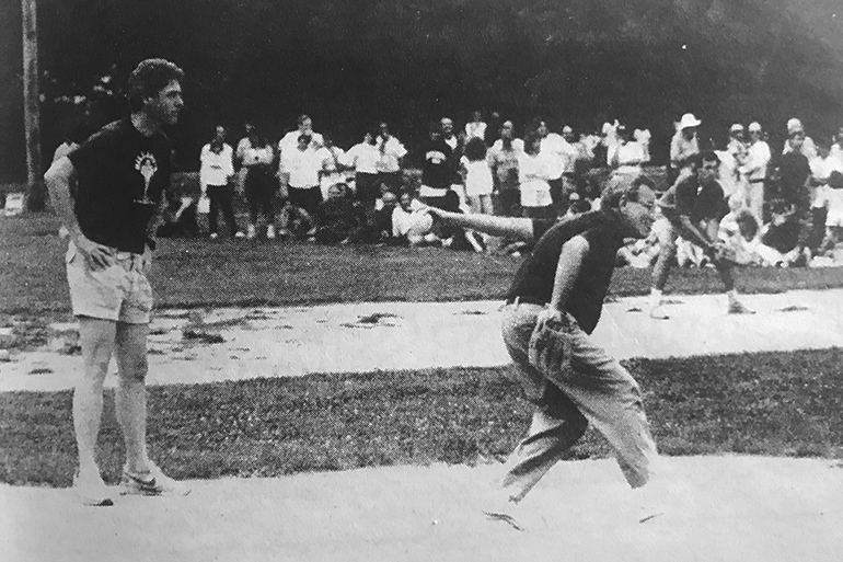 Bill Clinton umpires at the 1988 Artists & Writers Game