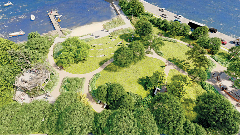 Render of the planned John Steinbeck Waterfront Park from above in Sag Harbor