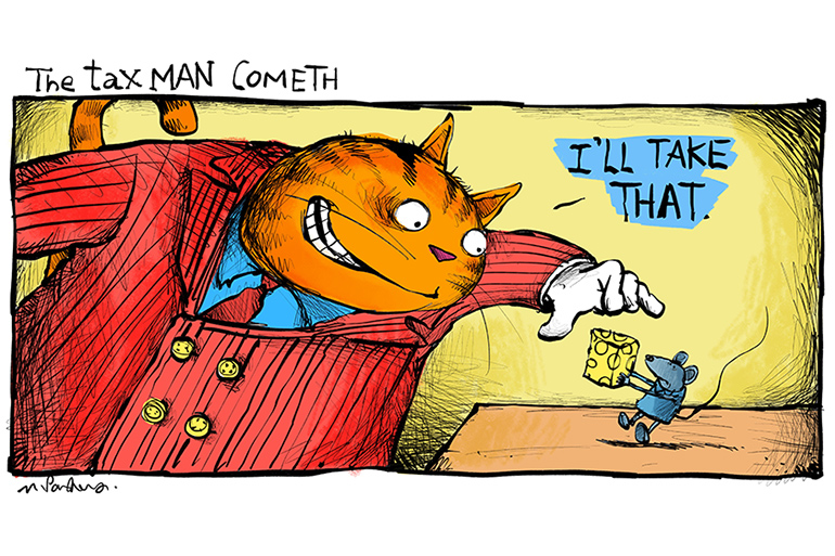 Taxman cat cartoon by Mickey Paraskevas