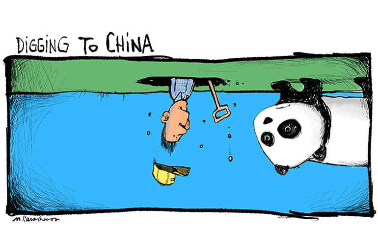 Digging to China cartoon by Mickey Paraskevas