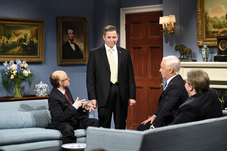 Kate McKinnon as Rudy Giuliani, Matthew Broderick as Mike Pompeo, Beck Bennett as Mike Pence, and Aidy Bryant as Bill Barr during October 5, 2019 Saturday Night Live Cold Open