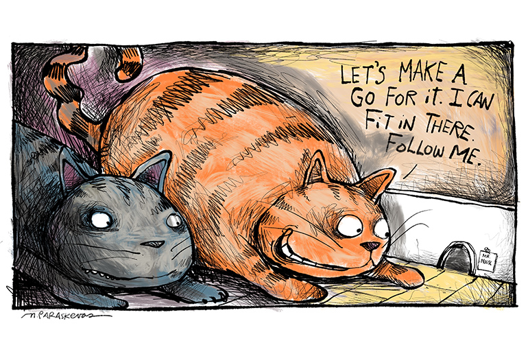 Railroad trestle cats cartoon by Mickey Paraskevas