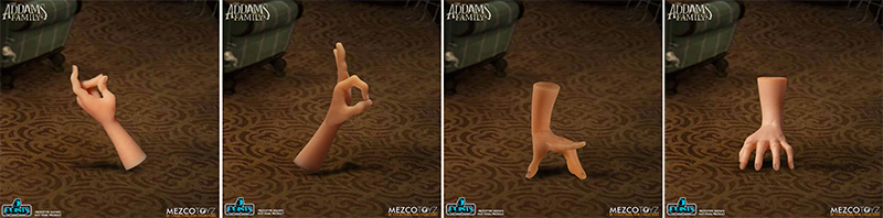 All four variations of Mezco's Thing from The Addams Family 5 Points figures