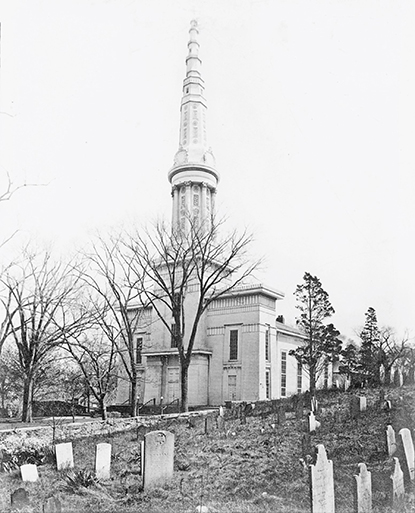 Vintage photo of Old Whalers Church in Sag Harbor, when it still had its towering steeple