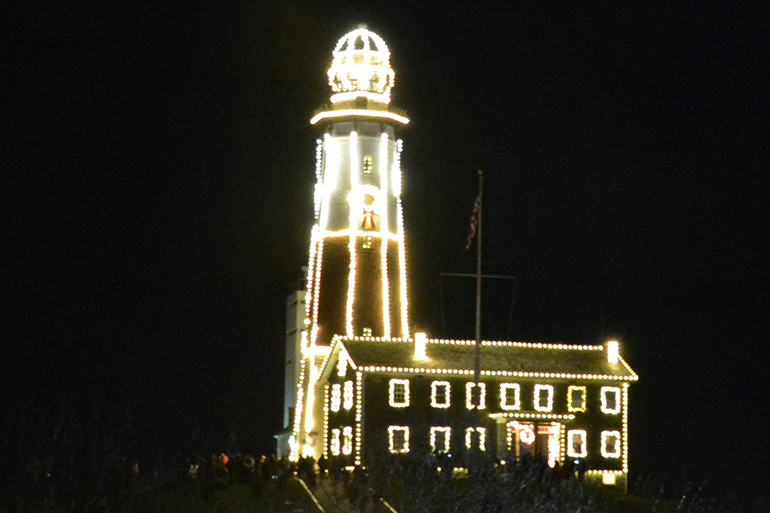 The Montauk Lighthouse lit up for the holidays