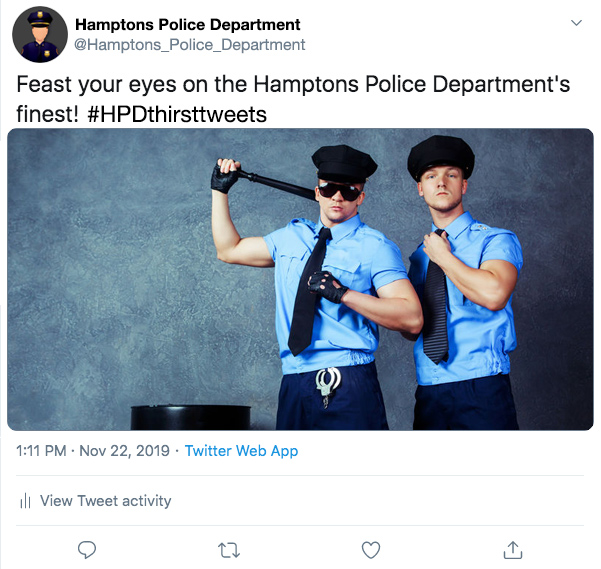 Hamptons Police Department thirst tweet featuring two hunky cops