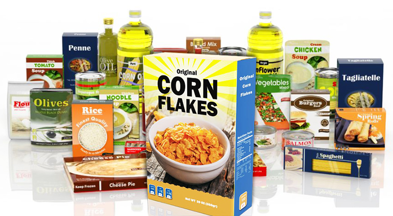 Nonperishable foods in packages on white background with box of Corn Flakes cereal in foreground
