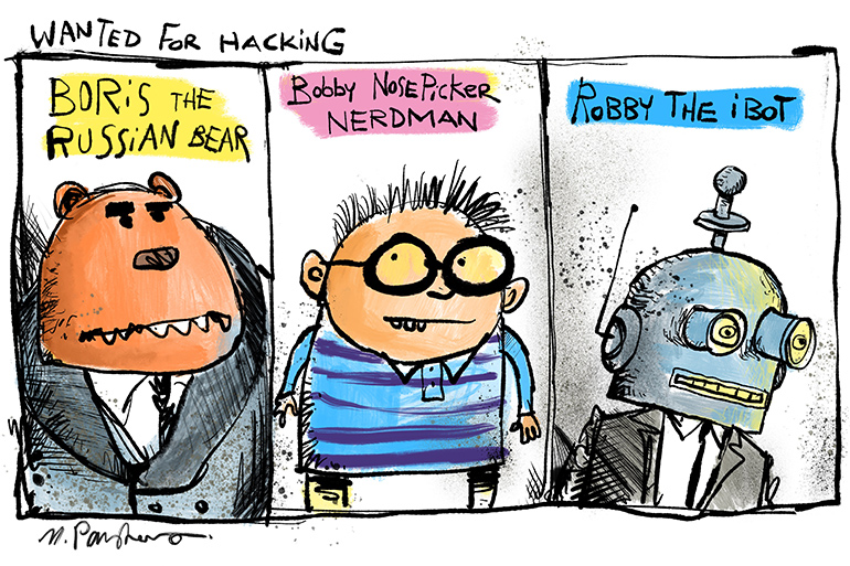 Wanted hackers cartoon by Mickey Paraskevas