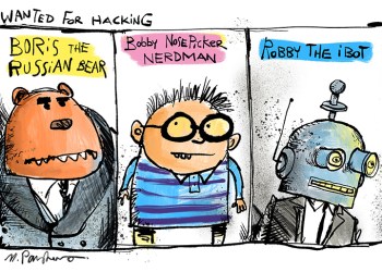 Wanted hackers cartoon by Mickey Paraskevas