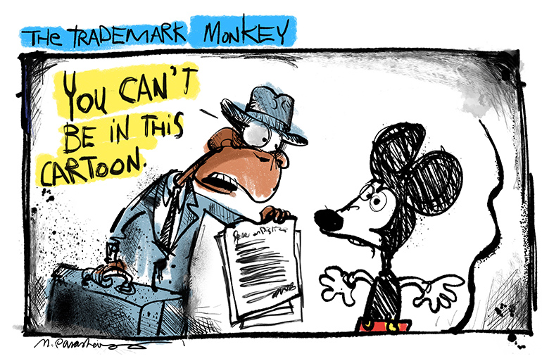Trademark Monkey cartoon by Mickey Paraskevas