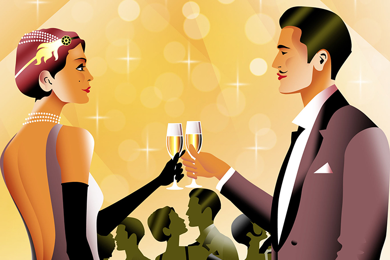 Couple at a party in the style of the early 20th century. Retro party invitation card. Handmade drawing vector illustration. Art Deco style.