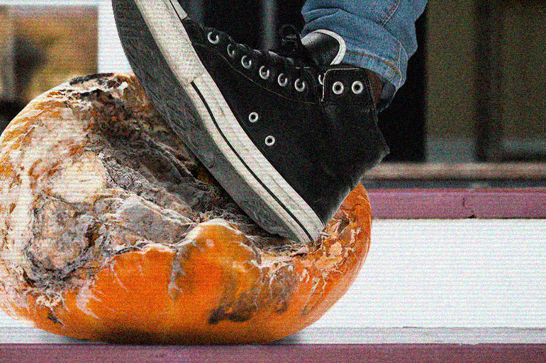 Foot smashing the rotten pumpkin/art caught on video