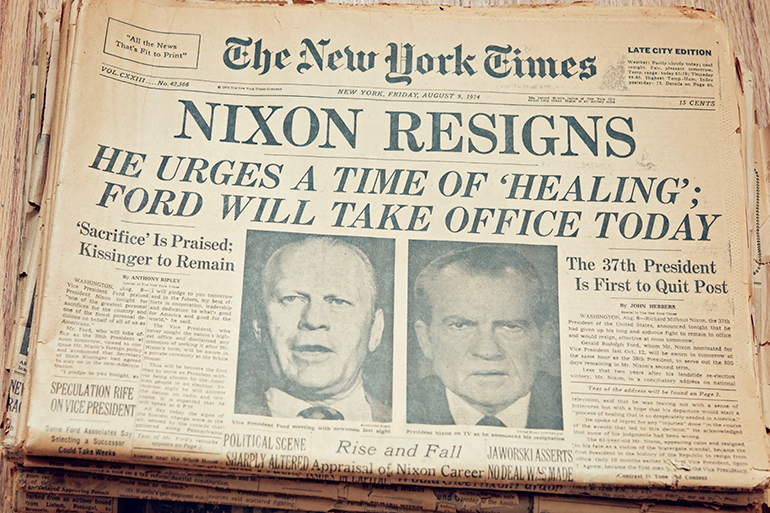 Nixon Resigns headline on The New York Times newspaper