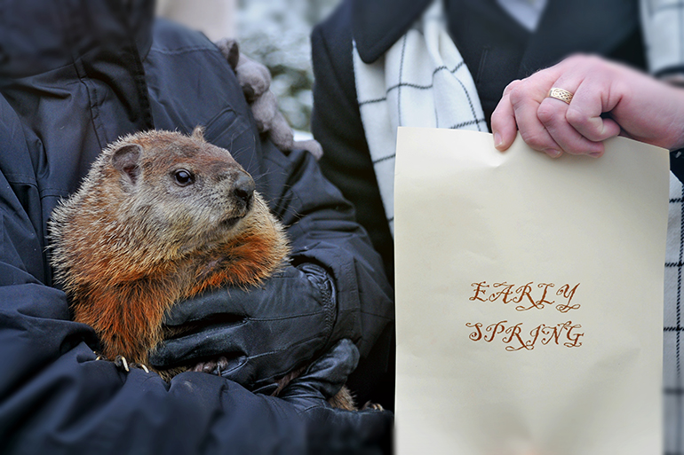 Quigley predicting an early spring at a previous Groundhog Day ceremony
