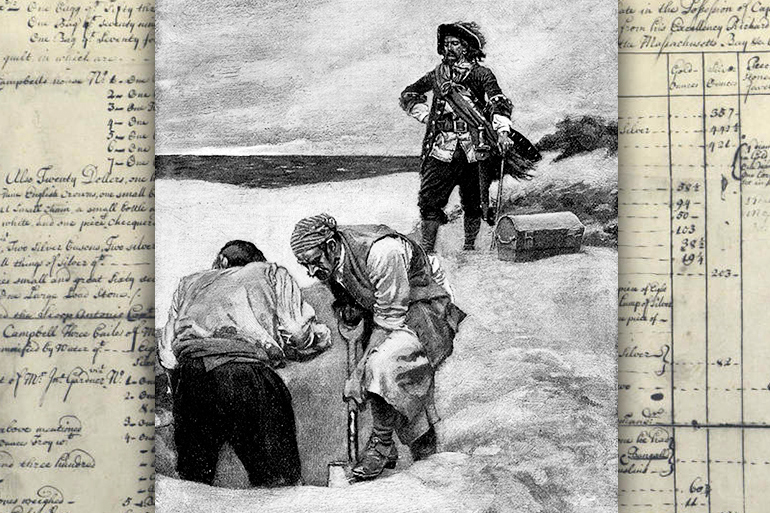 Captain Kidd and crew burying treasure on Gardiners Island over treasure inventory list