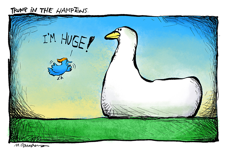 Trump in the Hamptons Big Duck cartoon by Mickey Paraskevas