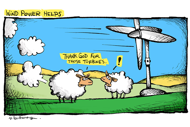 Block Island wind farm and sheep cartoon by Mickey Paraskevas