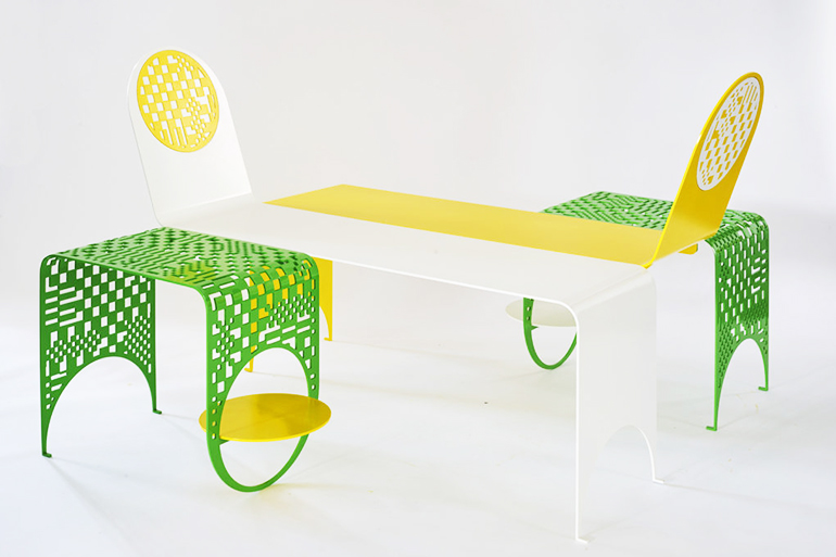 "Thin Check Chaise and Table Set" by Kin & Company and Ellen Van Dusen