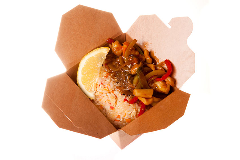 Chinese takeout ,roasted meat and vegetables and rice