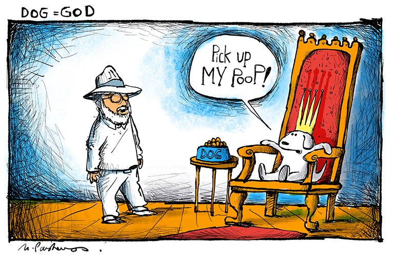 Dog equals God cartoon by Mickey Paraskevas