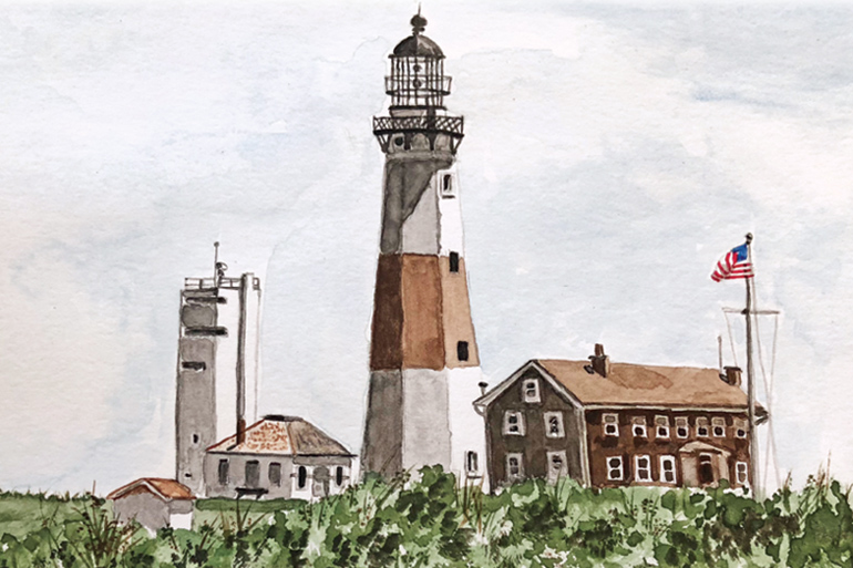 March 20, 2020 Dan's Papers cover art (detail) by Cheryl Huneke, watercolor of Montauk Lighthouse