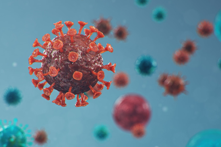 Outbreak of Chinese influenza - called a Coronavirus or 2019-nCoV, which has spread around the world. Danger of a pandemic, epidemic of humanity. Human cells, the virus infects cells. 3d illustration