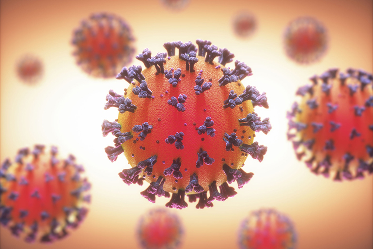 COVID-19, Coronavirus, group of viruses that cause diseases in mammals and birds. In humans, the virus causes respiratory infections. 3D illustration.