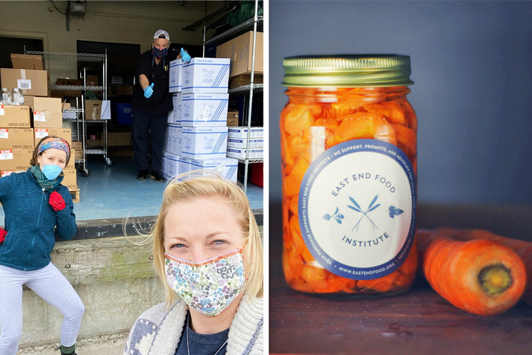 L-R: East End Food Institute members Heather Meehan, Jay Lippin and Kate Fullam getting ready for safe home deliveries, Photo: Courtesy EEFI