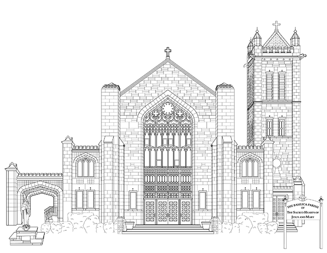 Coloring page for the Basilica Parish of the Sacred Hearts, Image: Courtesy Jake Rose of Color Our Town Press