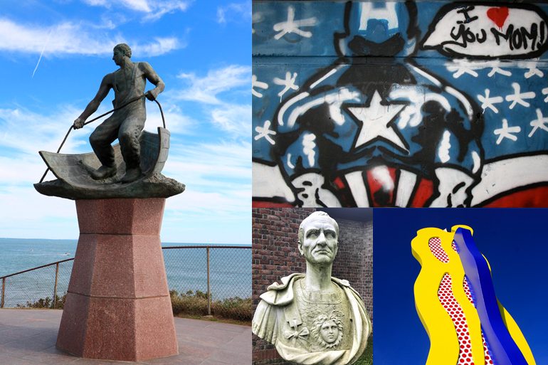 Outdoor Hamptons Art Tour Mashup: Lost at Sea Memorial Montauk, SAC Caesar bust, AMP 26 mural to Jordan Haerter Sag Harbor, Roy Lichtenstein Tokyo Brushstroke, Parrish Art Museum, Water Mill