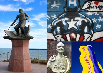 Outdoor Hamptons Art Tour Mashup: Lost at Sea Memorial Montauk, SAC Caesar bust, AMP 26 mural to Jordan Haerter Sag Harbor, Roy Lichtenstein Tokyo Brushstroke, Parrish Art Museum, Water Mill