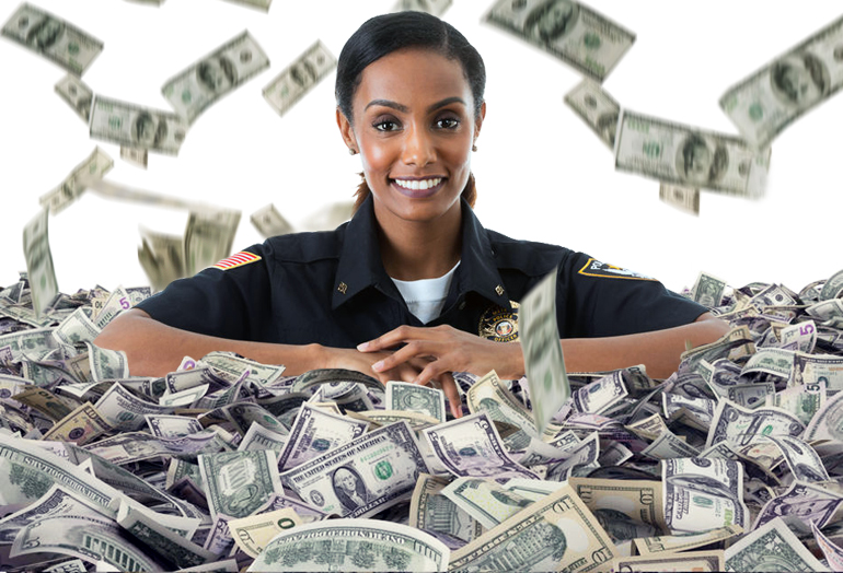 Female Hamptons Police Department officer in pile of cash with bills raining down