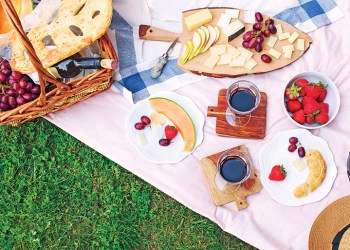 Summer picnic with cheese, wine, fruits and bread. Picnic at the park, flat lay, copy space.