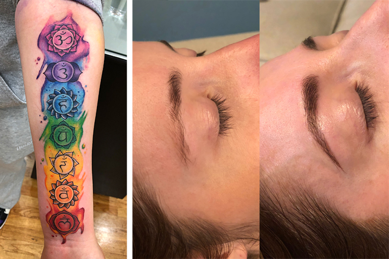 A tattoo design by Mike Maldonado, and a microblading before/after by Kat Maldonado, Photos: Courtesy Hamptons, Ink.