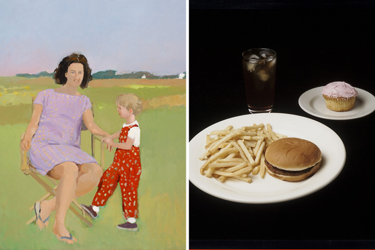 Fairfield Porter (American, 1907–1975), "Jane and Elizabeth," 1967. Oil on canvas, 55 1/8 x 48 1/8 inches. Gift of the Estate of Fairfield Porter; & Jackie Black (American, born 1958), "Billy Conn Gardner: Hamburger, French fries, tea and any dessert, from the Last Meal (Series)," 2001–2003. Museum purchase with funds provided by the Bessemer Trust.