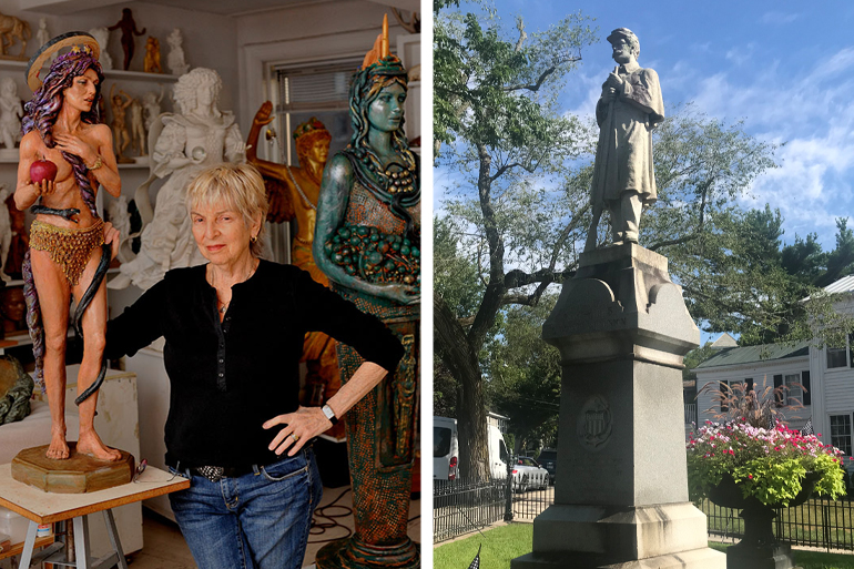 Audrey Flack in her studio; Monumental Bronze Company's "Standing Soldier" in Sag Harbor, Photos: Courtesy Flack; Dan Rattiner