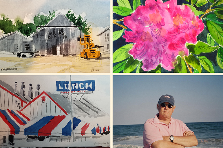 Gene Samuelson and a selection of his paintings