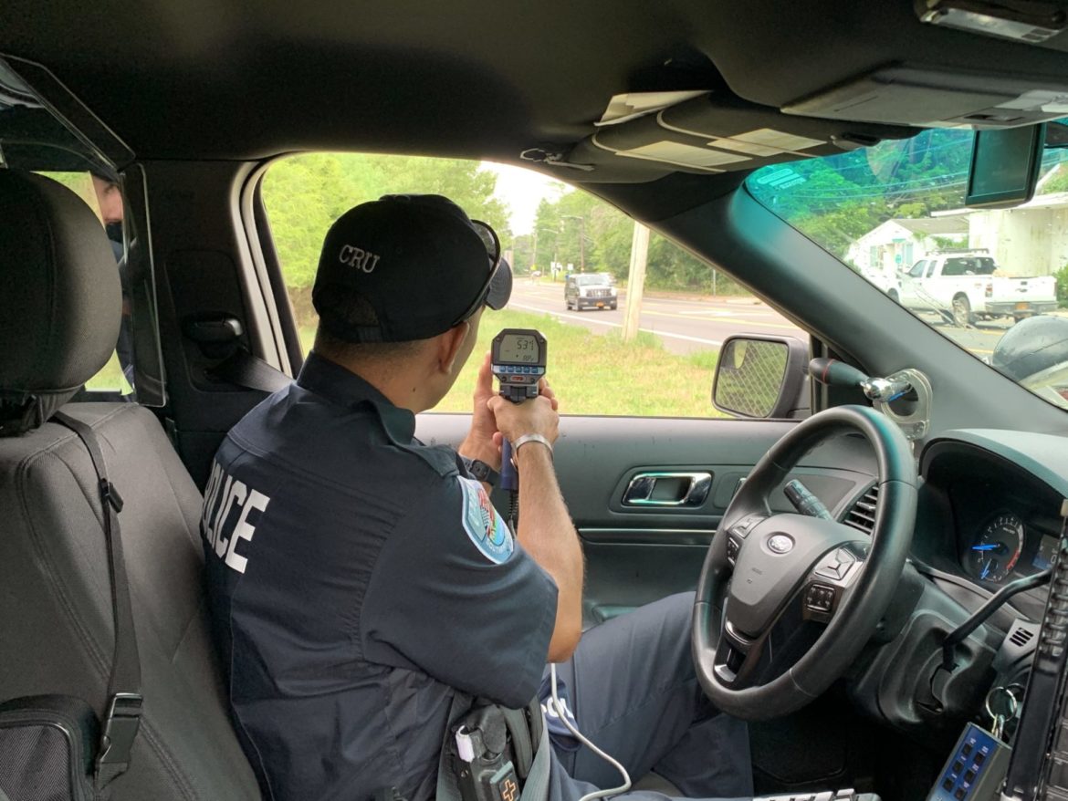 SOUTHAMPTON TOWN POLICE OFFICER MIKE ALGOZZINO CAUGHT A DRIVER DOING 53 IN A 40 MPH ZONE ON FLANDERS ROAD FRIDAY MORNING. INDEPENDENT/TAYLOR K. VECSEY